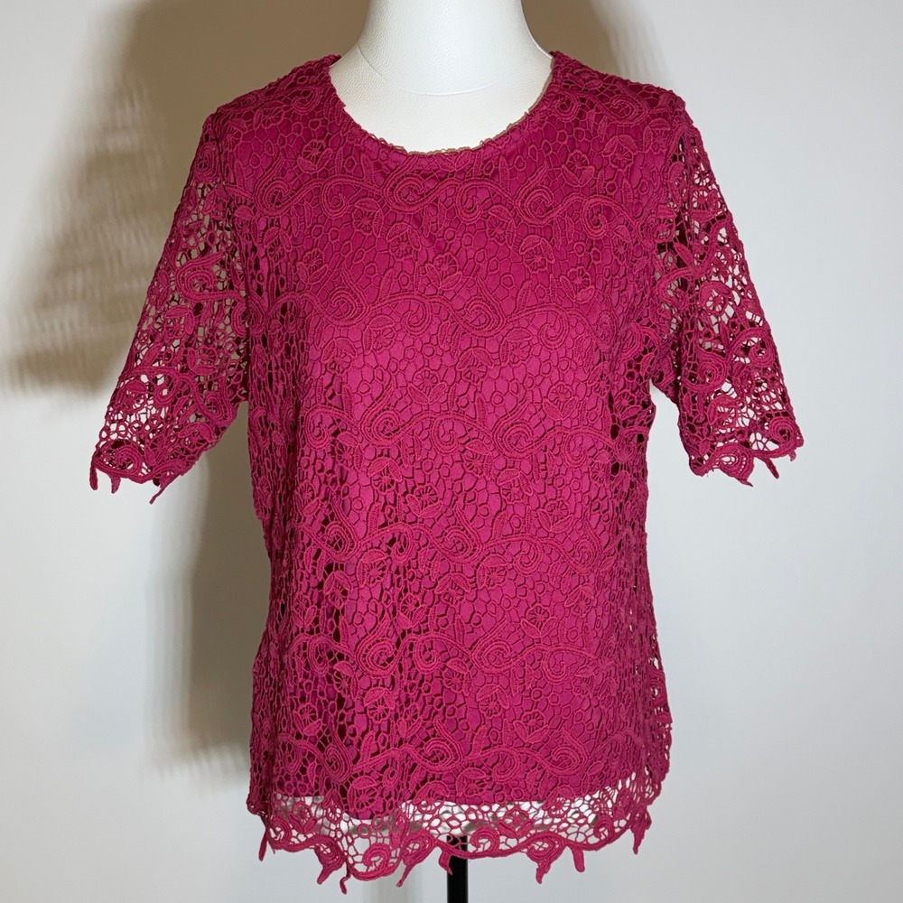 Philosophy Pink Lace Short Sleeve Keyhole Back Blouse Womens Large Valentines